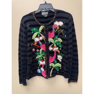 Berek Vintage Christmas Cardigan Flamingo Tropical Palm Tree Black Beaded Medium